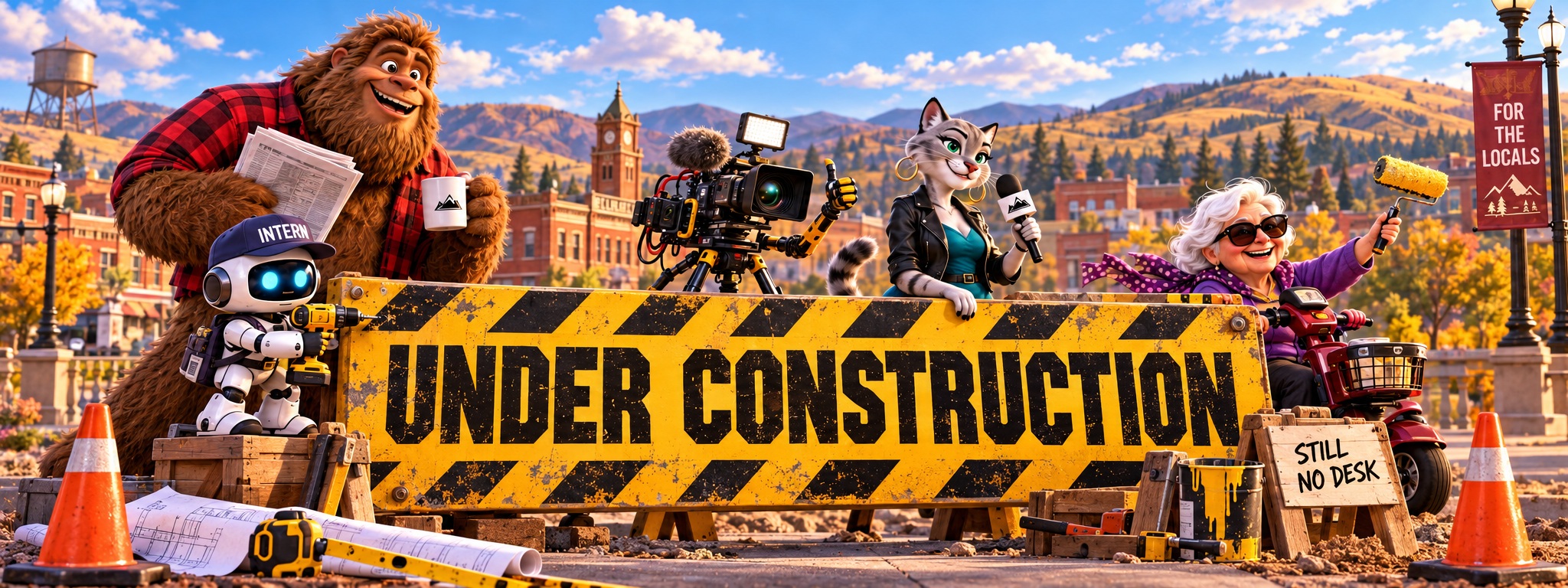 A satirical construction crew with a giant UNDER CONSTRUCTION barrier and a STILL NO DESK sign.